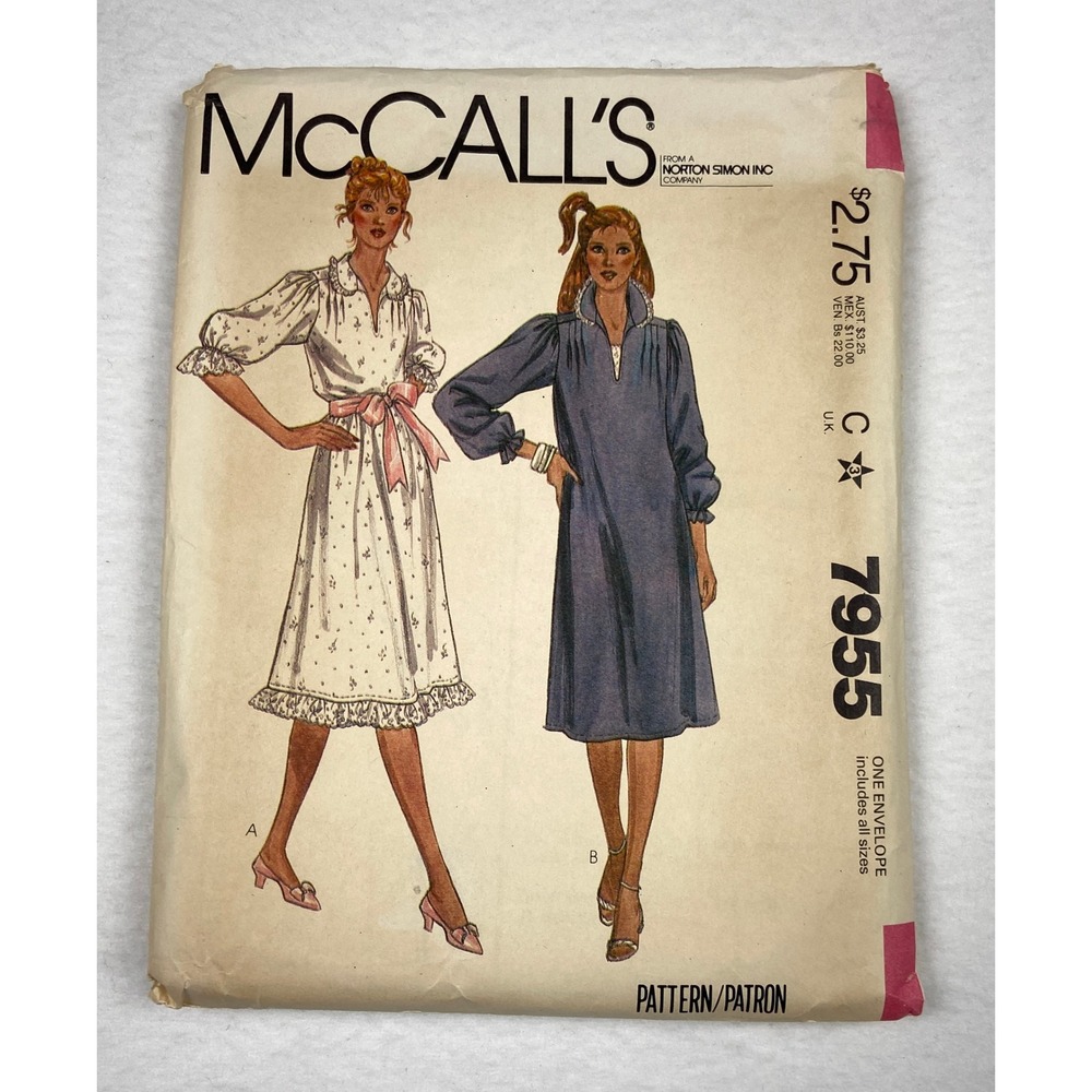 McCalls 7955 Vintage 1982 Pullover Dress Sewing Pattern All Sizes 6-22 Ruffle